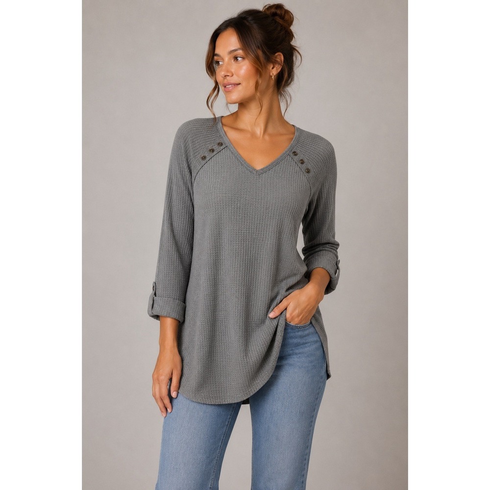 Simply Noelle Gray Waffle Knit Top Button Detail V Neck Lightweight Pullover S/M
